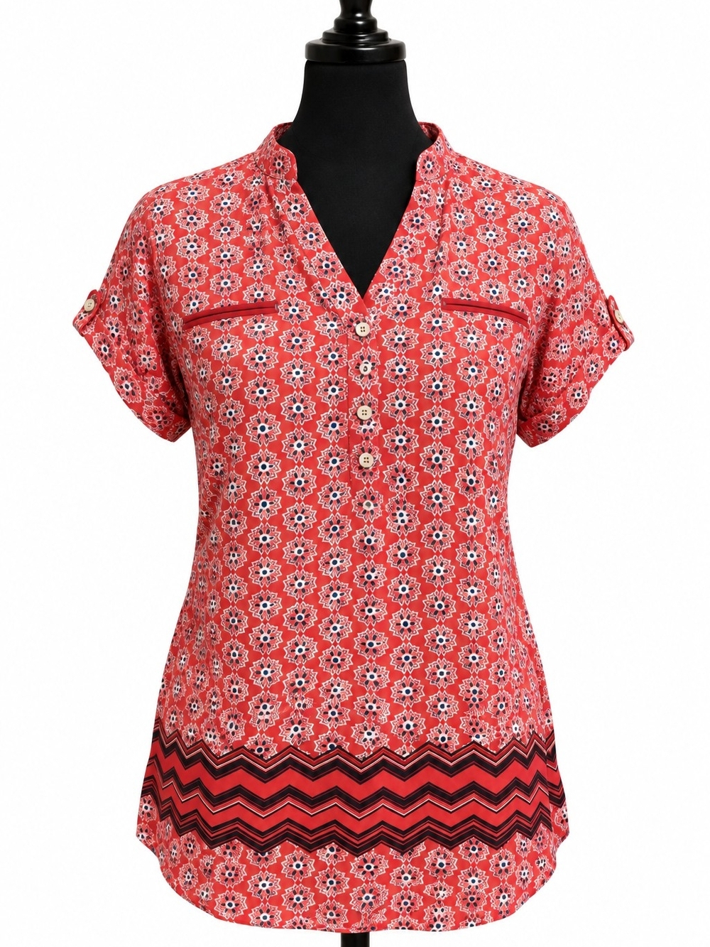 My Michelle Red Floral Geo Print Roll-Tab Blouse – Medium